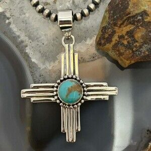 Sterling Silver Southwestern Style Round Mohave Turquoise Unisex Zia Pendant #2